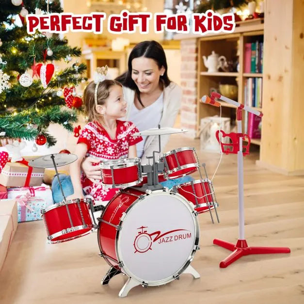 Kids Drum Kit with 8-Keys Keyboard, Microphone and 2 Drumsticks in Red - Little and Giant Explorers Costway