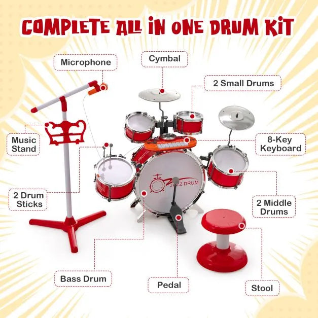 Kids Drum Kit with 8-Keys Keyboard, Microphone and 2 Drumsticks in Red - Little and Giant Explorers Costway