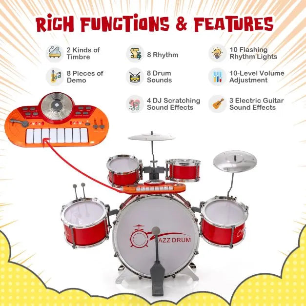 Kids Drum Kit with 8-Keys Keyboard, Microphone and 2 Drumsticks in Red - Little and Giant Explorers Costway