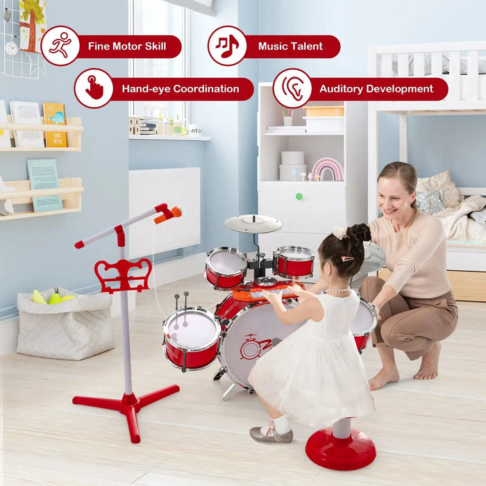 Kids Drum Kit with 8-Keys Keyboard, Microphone and 2 Drumsticks in Red - Little and Giant Explorers Costway