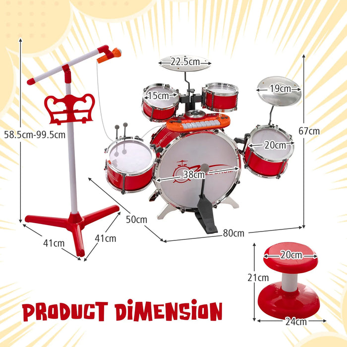 Kids Drum Kit with 8-Keys Keyboard, Microphone and 2 Drumsticks in Red - Little and Giant Explorers Costway