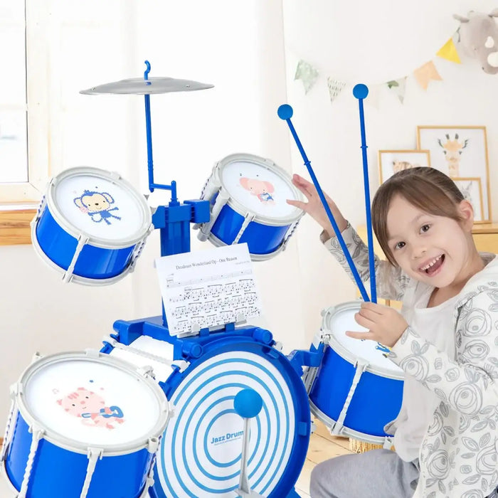 Kids Drum Set – Blue 5-Drum Jazz Kit with Stool | Educational Musical Toy for Ages 3+ COSTWAY - Little and Giant Explorers Costway