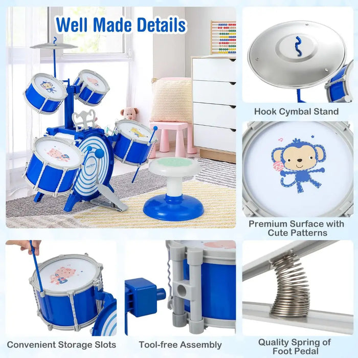 Kids Drum Set – Blue 5-Drum Jazz Kit with Stool | Educational Musical Toy for Ages 3+ COSTWAY - Little and Giant Explorers Costway