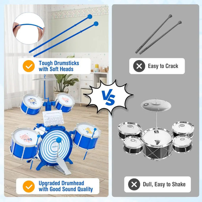 Kids Drum Set – Blue 5-Drum Jazz Kit with Stool | Educational Musical Toy for Ages 3+ COSTWAY - Little and Giant Explorers Costway