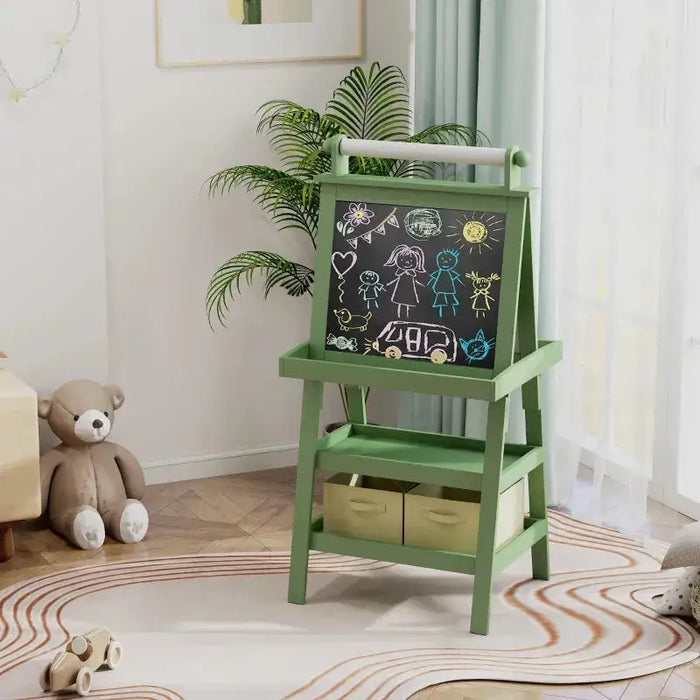3 in 1 Kids Double-Sided Magnetic Whiteboard and Chalkboard Easel with Paper Roll and Storage Baskets in Green - Little and Giant Explorers AIYAPLAY