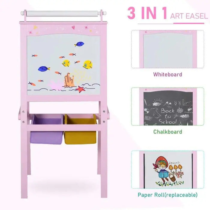 Pink kids 3-in-1 art easel with stars and hearts, featuring whiteboard, chalkboard, and paper roll.