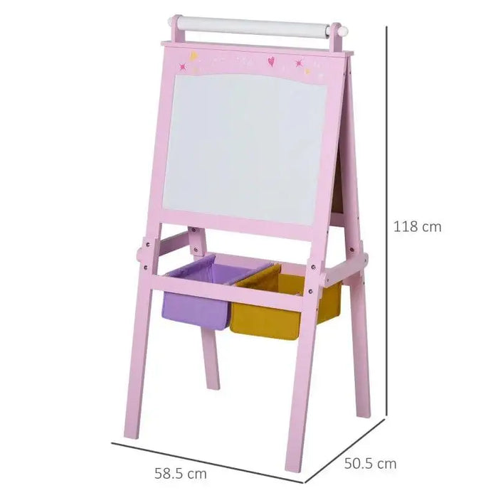 Pink kids easel with 3-in-1 creative board, stars and hearts, storage bins, and dimensions.