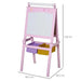 Pink kids easel with 3-in-1 creative board, stars and hearts, storage bins, and dimensions.