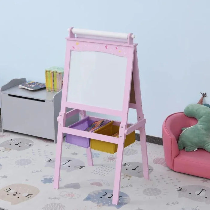 Pink kids easel with stars and hearts, creative board in playroom with toy bench and chair
