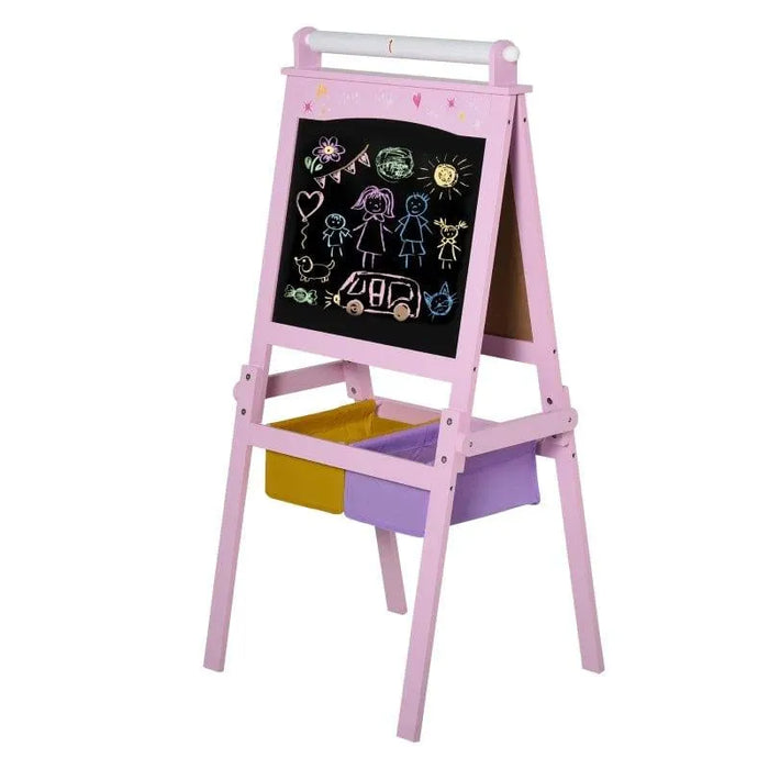 Pink kids easel 3-in-1 creative board with stars, hearts, bins, chalk drawings