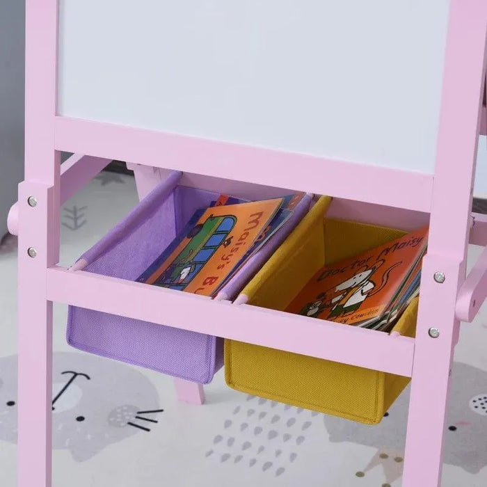 Pink kids easel with whiteboard, purple and yellow storage bins holding children's books