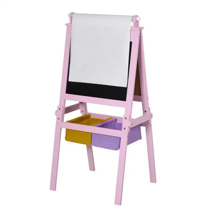Pink kids easel with paper roll, chalkboard, and yellow and purple storage bins
