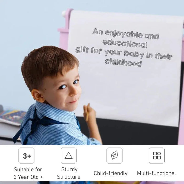 Child using pink kids easel creative board with stars and hearts, educational gift features shown