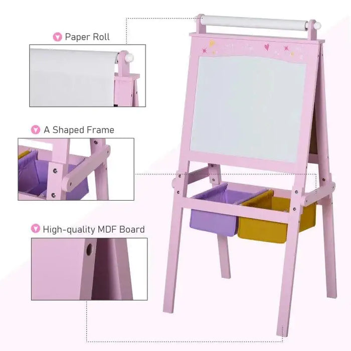 Pink kids easel with whiteboard, paper roll, A-frame, star and heart designs, storage bins