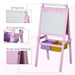 Pink kids easel with whiteboard, paper roll, A-frame, star and heart designs, storage bins