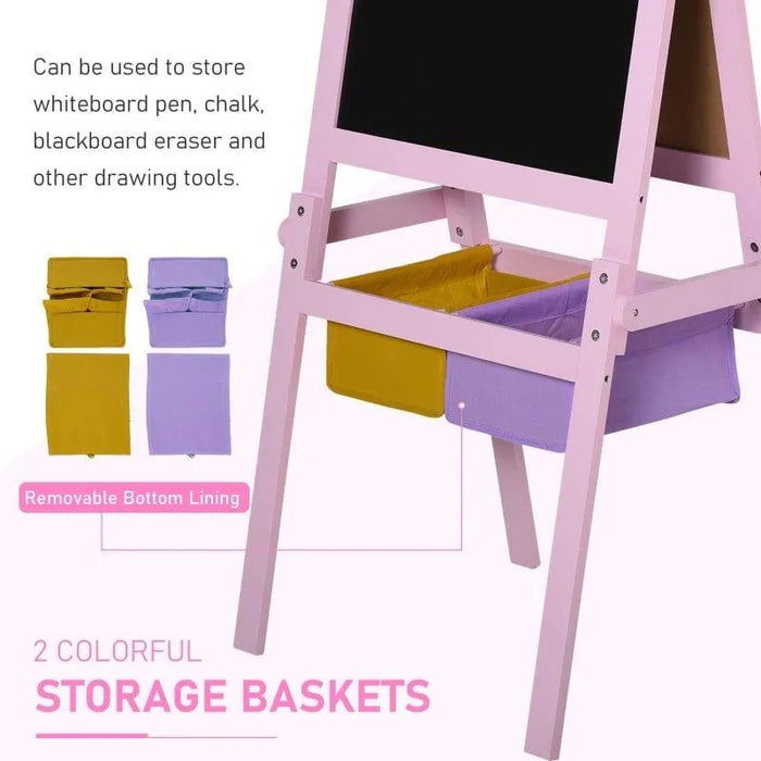Pink kids' easel with yellow and purple storage baskets, whiteboard, and chalkboard.