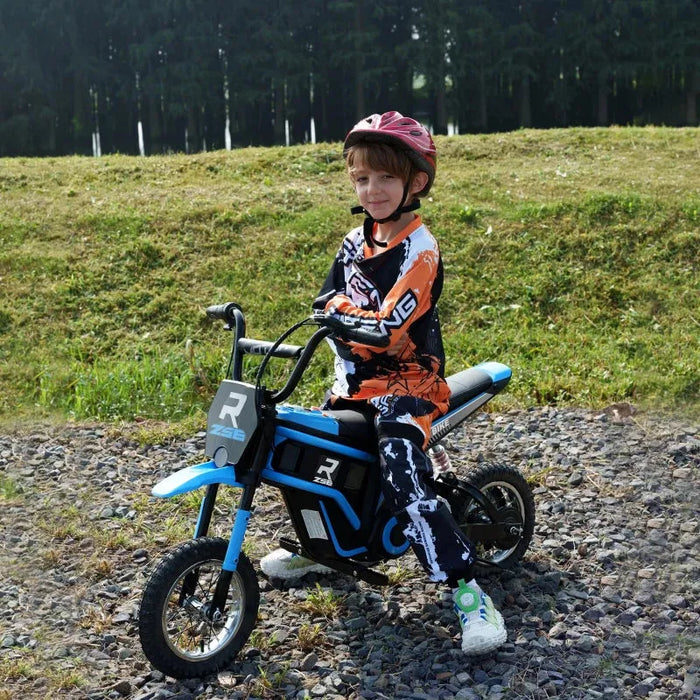 Kids Electric Dirt Bike with Twist Grip Throttle, Music, Horn and 12" Pneumatic Tyres 24V in Blue