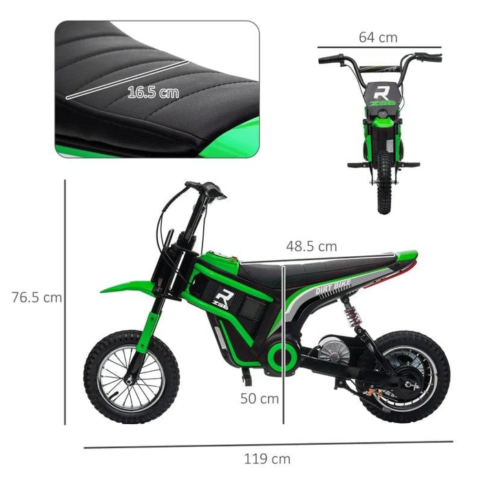 A sleek green and black HOMCOM Electric Dirt Bike with Twist Grip Throttle, Music, Horn and 12" Pneumatic Tyres 24V in Green is shown from side and top views with measurements highlighted. The side view details dimensions of 76.5 cm in height, 119 cm in length, 50 cm in wheelbase, and 48.5 cm in width. The seat measures 16.5 cm wide on this impressive mini electric dirt bike.