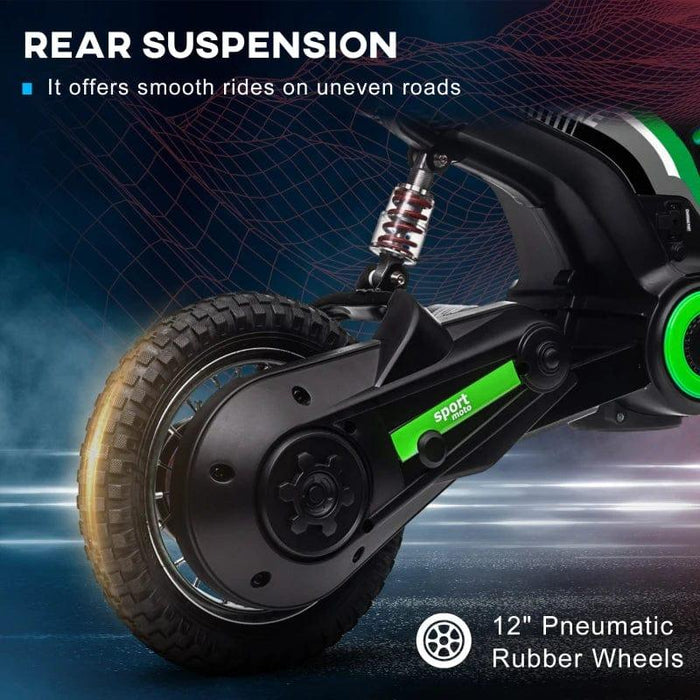 A close-up image of HOMCOM's Electric Dirt Bike with Twist Grip Throttle, Music, Horn and 12" Pneumatic Tyres 24V in Green rear suspension system with a 12-inch pneumatic rubber wheel. The text highlights the suspension's benefit of providing smooth rides on uneven roads. The color scheme involves black and green with some technical detailing, perfect for adventurous youngsters.