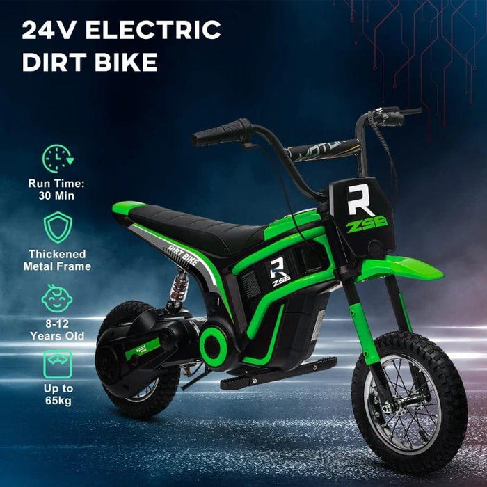 An image of a green and black HOMCOM Electric Dirt Bike with Twist Grip Throttle, Music, Horn and 12" Pneumatic Tyres 24V in Green. This 24V electric dirt bike features a thickened metal frame, suitable for children aged 8-12 years, with a maximum weight capacity of 65 kg. The run time is 30 minutes, making it perfect for young riders.