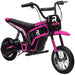 A small, pink HOMCOM Electric Dirt Bike with Twist Grip Throttle, Music, Horn and 12" Pneumatic Tyres 24V in Pink for kids with black detailing. It features large knobby tires, a seat, handlebars with grips, and decals labeled "Electric Dirt Bike with Twist Grip Throttle, Music, Horn and 12" Pneumatic Tyres 24V in Pink" and "R ZS6". This sturdy kids motorbike boasts a reinforced frame perfect for off-road riding and outdoor adventure.