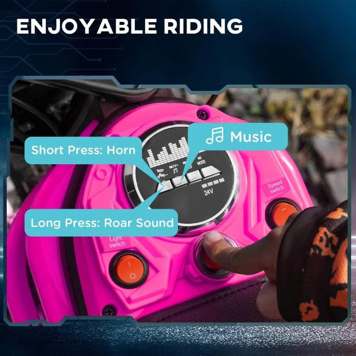 Close-up of the control panel of a child's ride-on toy vehicle, resembling an HOMCOM Electric Dirt Bike with Twist Grip Throttle, Music, Horn and 12" Pneumatic Tyres 24V in Pink, with a finger pressing the central button. The panel features options for music, a horn, and a roar sound. The text reads "Enjoyable Riding," and labels indicate short and long press functions.