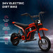 A promotional image of a 24V Electric Dirt Bike with Twist Grip Throttle, Music, Horn and 12" Pneumatic Tyres in Red. Key features include a 30-minute run time, thickened metal frame, designed for ages 8-12 years old, and supports up to 65 kg. The predominantly red Kids Motorbike proudly displays the brand name "HOMCOM.