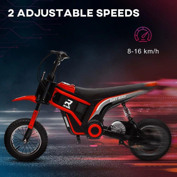 This image depicts a sleek black and red Electric Dirt Bike with Twist Grip Throttle, Music, Horn and 12" Pneumatic Tyres 24V in Red by HOMCOM with the text "2 Adjustable Speeds" at the top. Powered by a 24V Motor, it boasts a speed range of 8-16 km/h. The bike features a streamlined design, padded seat, and shock absorbers on the rear wheel for added comfort.