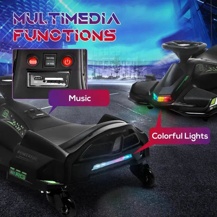 Kids Electric Go Kart with Music and LED Lights in Black 12V - Little and Giant Explorers HOMCOM