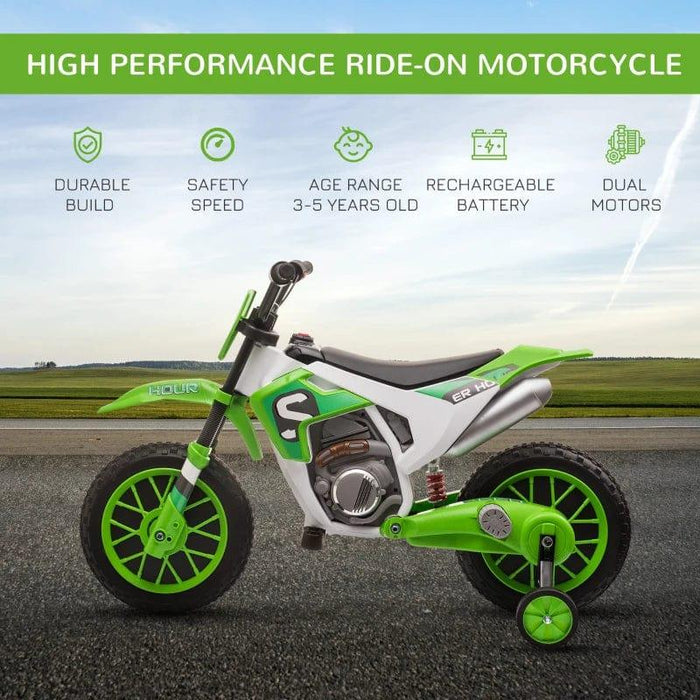 Kids Electric Motorcycle Ride On with Training Wheels 12V in Green - Little and Giant Explorers HOMCOM