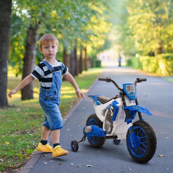 Kids Electric Motorcycle Ride On with Training Wheels 12V in Blue - Little and Giant Explorers HOMCOM