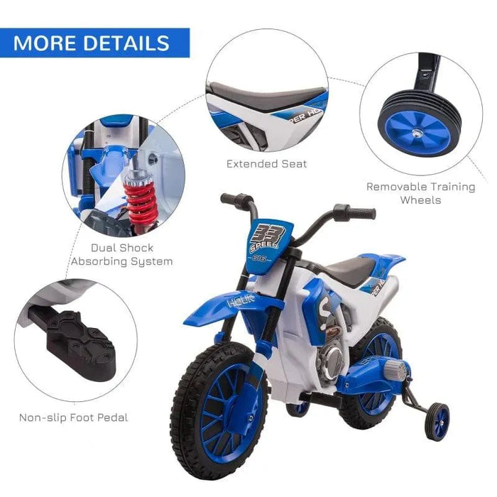 Kids Electric Motorcycle Ride On with Training Wheels 12V in Blue - Little and Giant Explorers HOMCOM