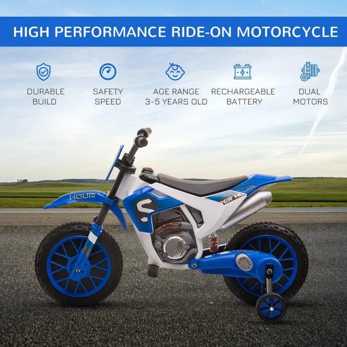 Kids Electric Motorcycle Ride On with Training Wheels 12V in Blue - Little and Giant Explorers HOMCOM