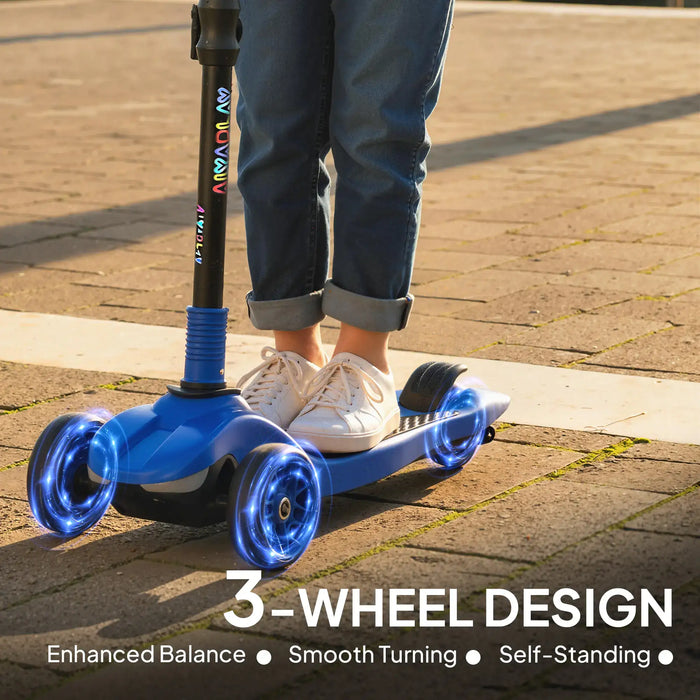 Child riding blue 3-wheel scooter with enhanced balance and smooth turning on pavement