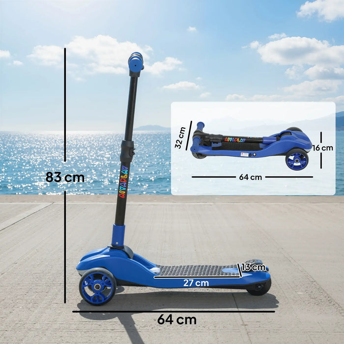 Blue foldable kids scooter with black handlebar, measurements shown, standing on pier by sea under blue sky