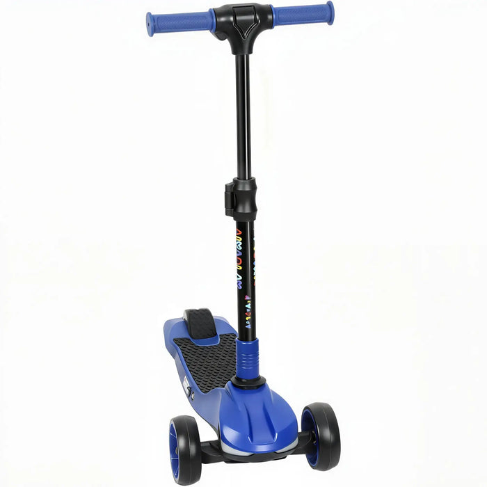 Blue three-wheeled children's scooter with black handlebar grips and foot brake