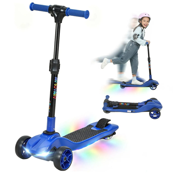 Blue three-wheel kids scooter with light-up wheels, folding design, and child riding wearing helmet and pads