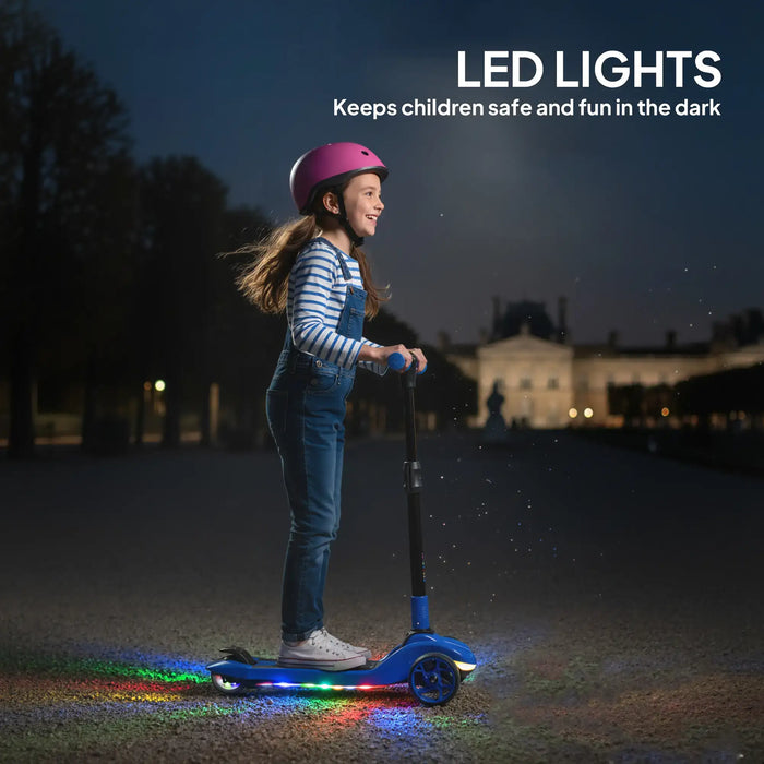 Smiling girl wearing purple helmet riding blue LED light-up scooter at night for child safety
