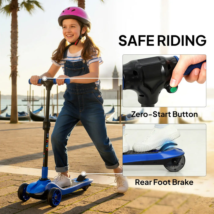 Young girl with pink helmet riding blue scooter by the waterfront with zero-start button and rear foot brake