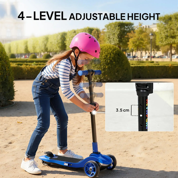 Girl wearing pink helmet adjusting blue three-wheeled scooter with 4-level height settings outdoors