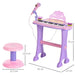 Kids pink and purple electronic keyboard with microphone, bench, and measurements shown.