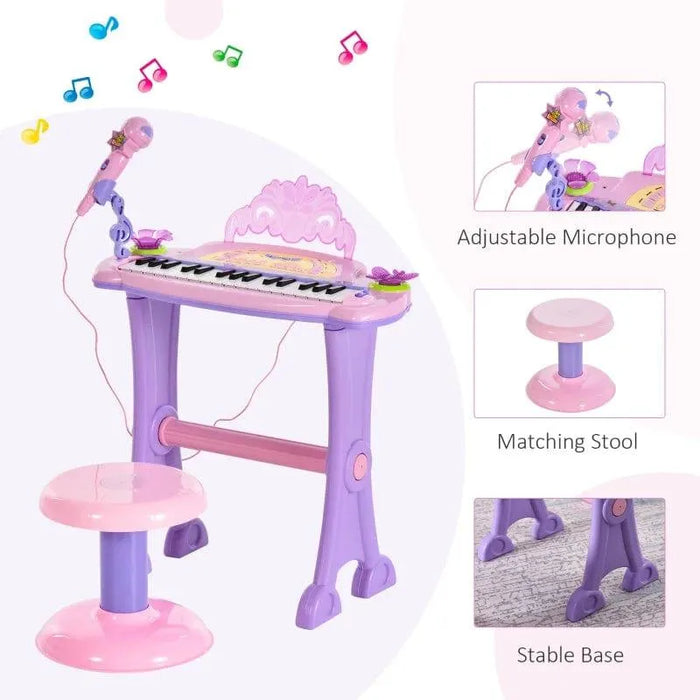 Pink and purple kids electronic keyboard set with 32 keys, microphone, and matching stool.