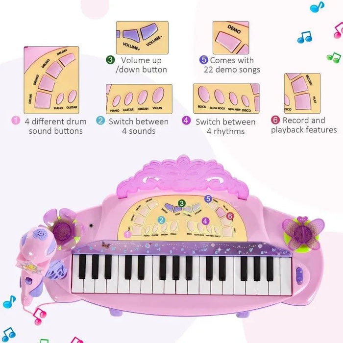 Pink kids electronic keyboard with 32 keys, microphone, and labeled musical features.