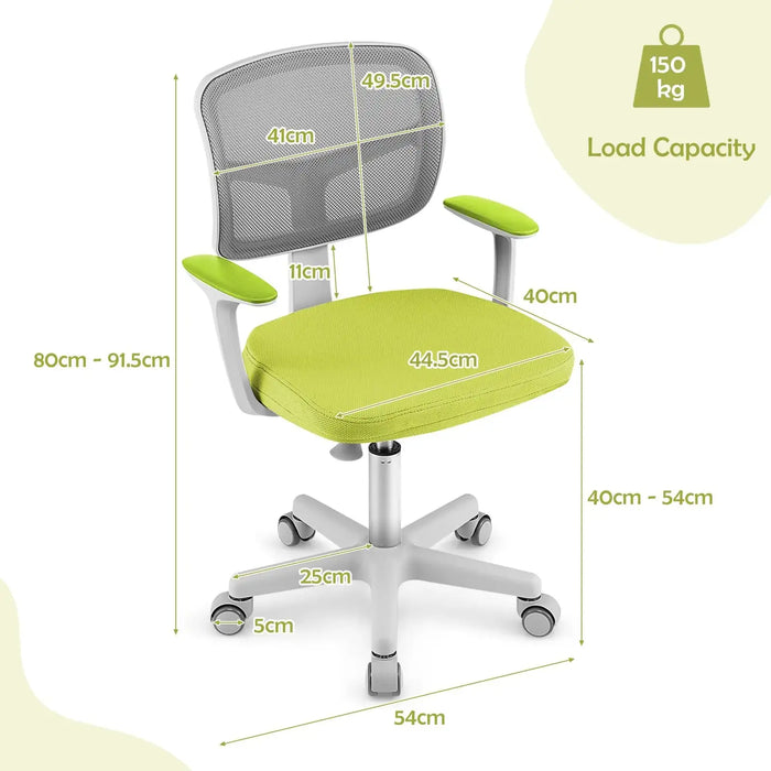 Green office chair with mesh backrest and detailed measurements, 150 kg load capacity