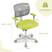 Green office chair with mesh backrest and detailed measurements, 150 kg load capacity
