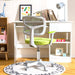 Modern white and green ergonomic office chair on alphabet rug in bright home office with white desk and decor