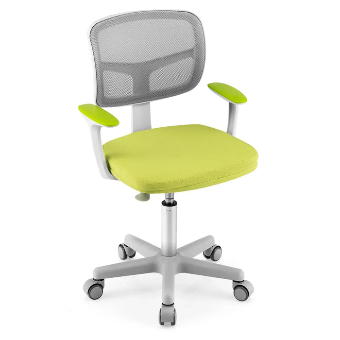 Modern office chair with lime green seat and armrests, gray mesh backrest, and white base with wheels