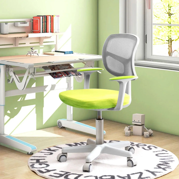 Modern ergonomic office chair with gray mesh back and lime green seat in bright workspace