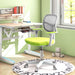Modern ergonomic office chair with gray mesh back and lime green seat in bright workspace