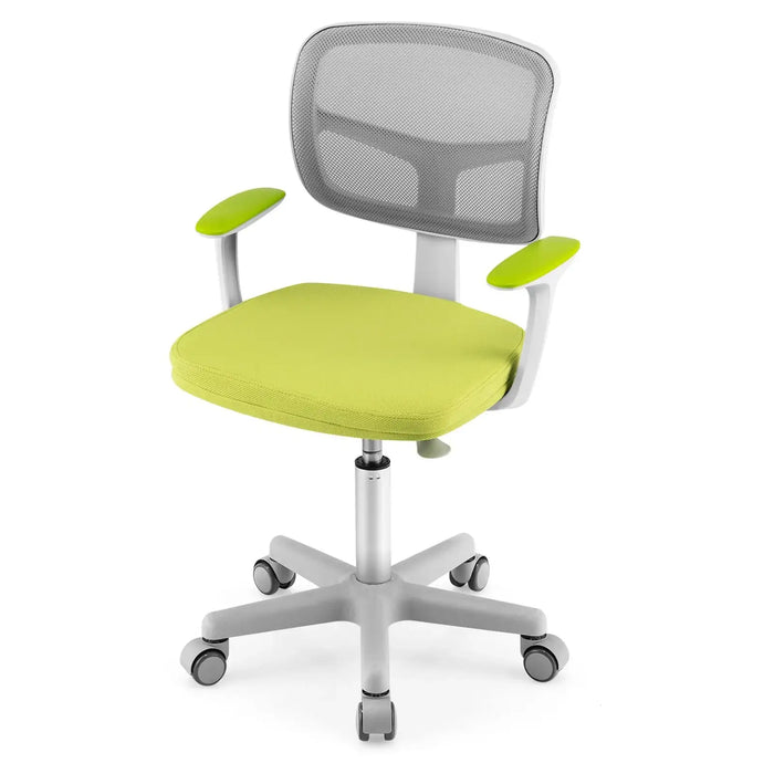 Modern office chair with green cushioned seat, green armrests, gray mesh backrest, and white base with wheels